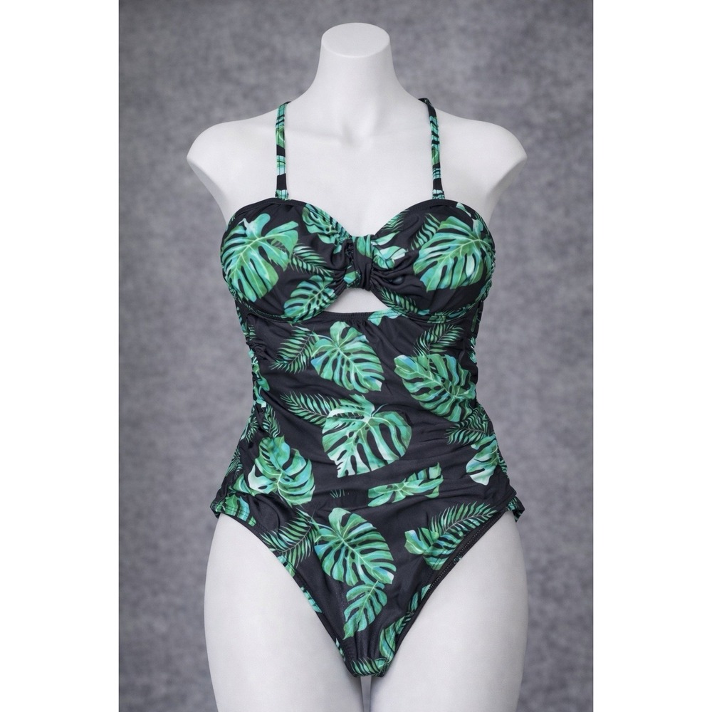 Women's Tropical Leaf‎ One-Piece Swimsuit Ruched Underbust Cutout Black Green
